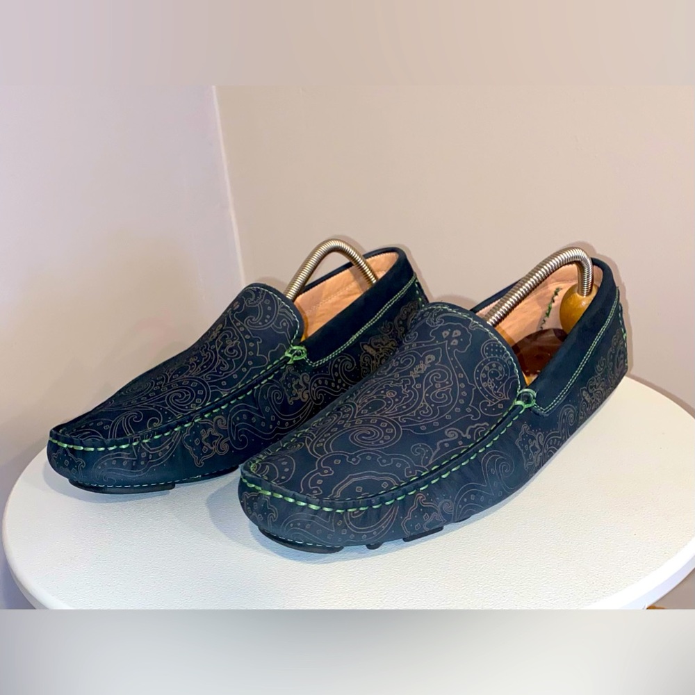 Robert Graham Black Paisley Leather Driving Loafers with Green Stitching